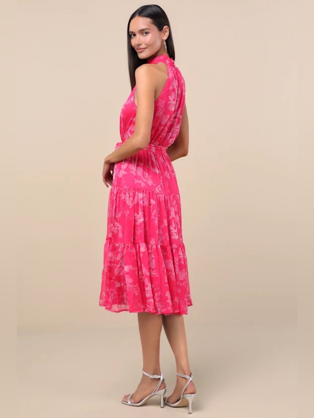 Lulus Float to You Hot Pink Floral Print Halter-Neck Tiered Midi Dress in Size S - Picture 4 of 9